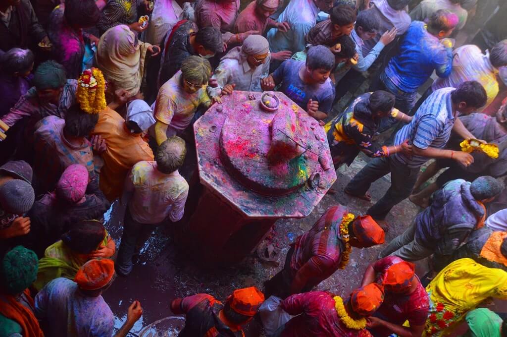 Holi celebration Banke Bihari Temple Vrindavan india